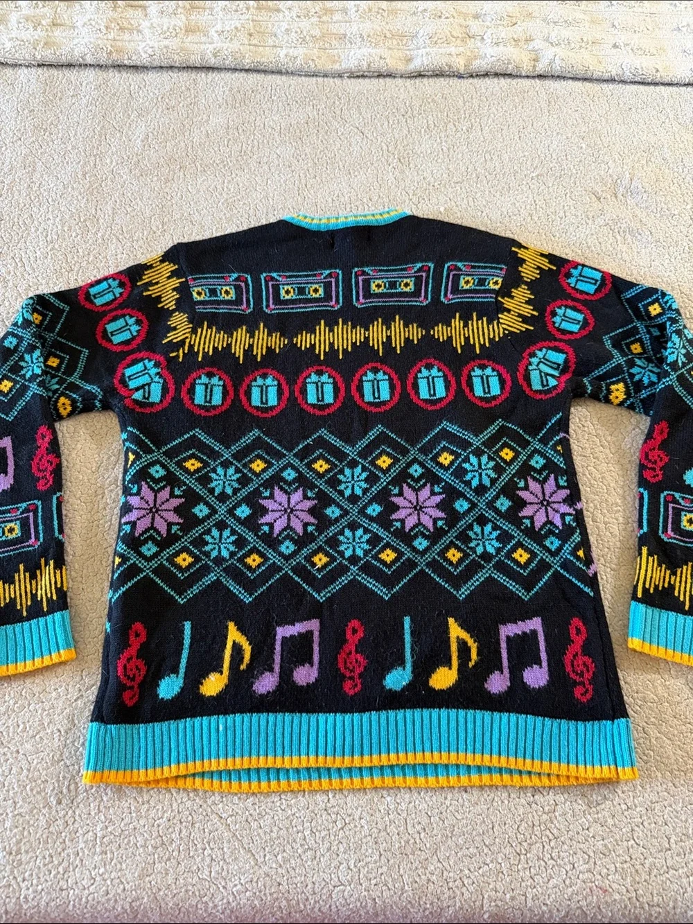 Black DJ Santa Graphic Crewneck Sweater with Multicolor Accents Large
